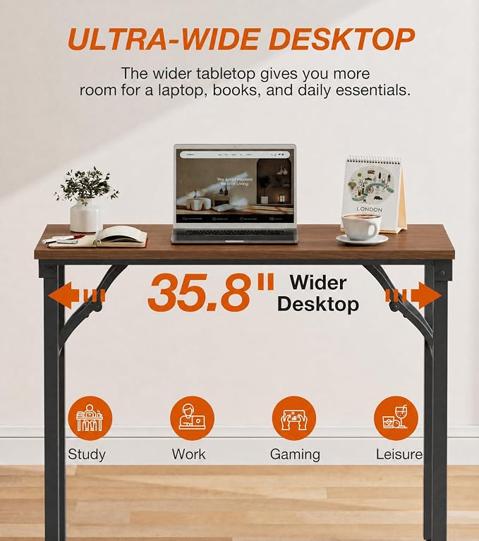 XBurmo Folding Desk Foldable Table, No Assembly 35.8" Foldable Desk Space-Saving Workstation for Small Space, Computer Table, Flat Storage for Home Office, Bedroom, Dorm, Study Room, Dark Walnut