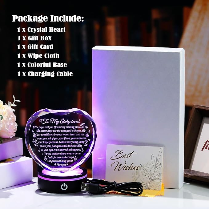 Crystal Heart Gifts for Girlfriend from Boyfriend with Colorful LED Base, Personalized Gift for Her Who Has Everything on Birthday Valentine's Day, Romantic Anniversary Christmas Gift Ideas to My Girl