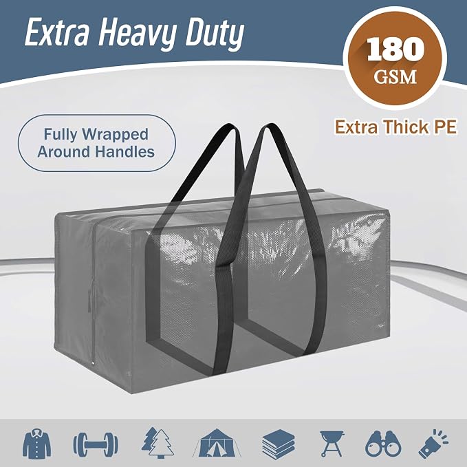 12 Pack Extra Heavy Duty Large Moving Bags with Strong Zipper, Black | Comfortable Handles, Sturdy & Durable Clothes Storage Bags Totes Bins, Blue Packing Moving Boxes for College Supplies