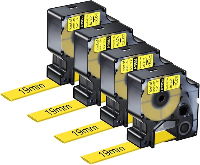 NineLeaf 4 Pack Compatible Labels Tape Replacement for Dymo 18058 3/4 inch Black on Yellow Heat Shrink Tube Labels 19mm x 1.5m for Wires and Cables Use in Rhino 4200 5200 5000 6000 3M Label Maker