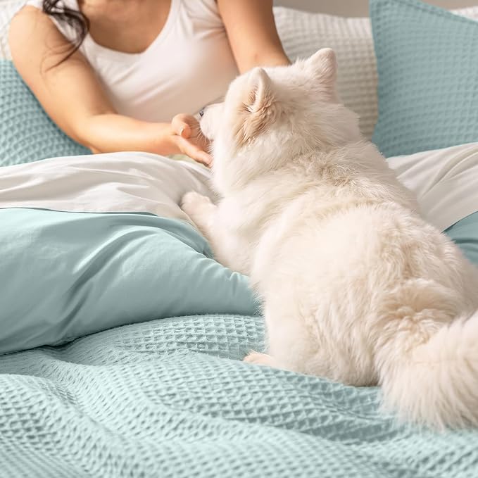 PHF Waffle Weave Duvet Cover Set Queen Size, No Snagging Ultra Soft Luxury Textured Breathable Comforter Cover for All Season 3pcs, Durable Bedding Duvet Set with 2 Pillow Shams, 90"x90",Aqua
