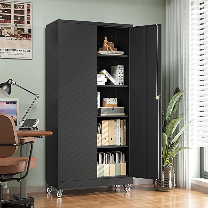 Metal Garage Storage Cabinets with Wheels,Steel Tool Cabinets Lock Door and Adjustable Shelves for Home,Office,Warehouse Organisieren (Black, 75" H)