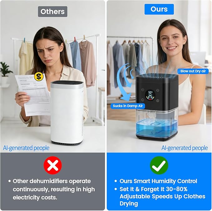 Small Dehumidifier for Bedroom – 63oz Auto Dehumidify (60/70%) & Continuous Mode, 35dB Ultra Quiet for Bathroom Apartment Home Closet RV, Portable Auto Defrost & Auto Shut-Off, 7-Color & Timer, Black