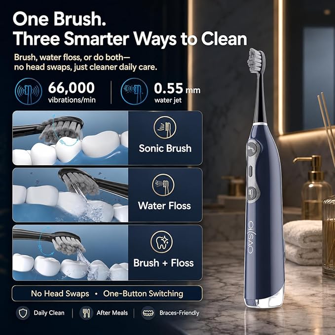 Electric Toothbrush with Water Flosser for Adults, Sonic & Cordless 3-in-1 | Sonic Brush & Floss Combo,30-Day Battery,3 Floss+3 Brush Modes,Braces Friendly, Sensitive Gums,5 Brush Heads