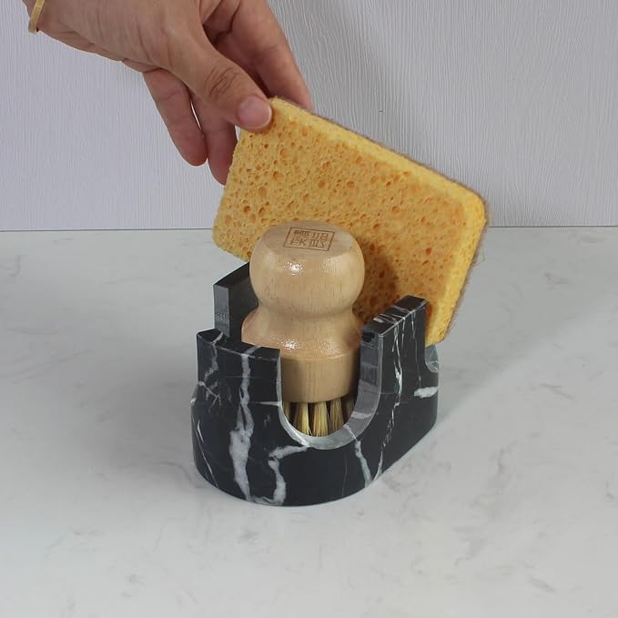 Nawgnail Natural Travertine Marble 2-Slot Sponge Holder for Kitchen Counter, 2-in-1 Stone Drying Rack, Sponge Caddy for Sink Organizer - Nero Portoro Marble