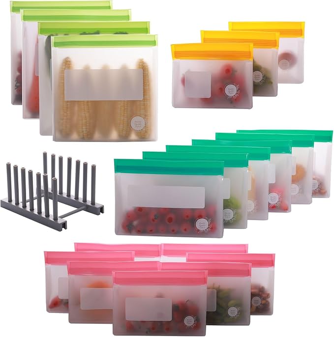 Reusable Food Storage Bags – 21-Pack Stand-Up, BPA-Free, Freezer, Dishwasher Safe & Eco-Friendly – 4 Gal, 6 L, 7 M, 3 S + Rack – Airtight Leakproof, Organization and Storage Bags (Multicolor)