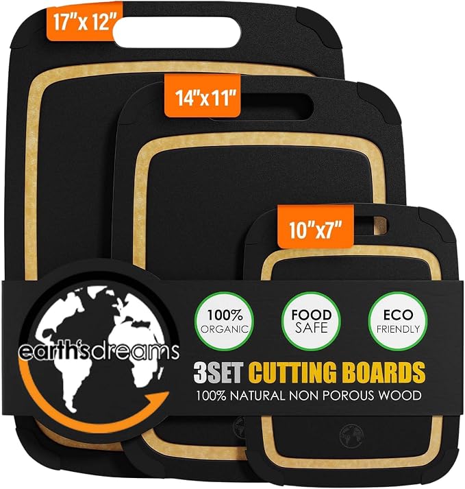 Earth's Dreams Composite Wood Cutting Board Set of 3, Built In Juice Groove | Dishwasher Safe,Non-Toxic, Cutting Boards for Kitchen – Large, Medium & Small Non-Slip Wood Charcuterie & Chopping Boards