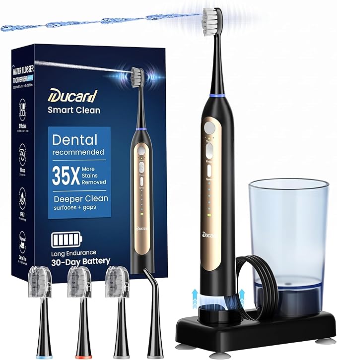 Electric Toothbrush with Water Flosser Combo, Compact 3-in-1 Flossing Toothbrush, 40000 VPM Sonic Brushing,11oz Easy-Clean Detachable Tank, Space-Saving Care for Sensitive Braces,30-Day Battery