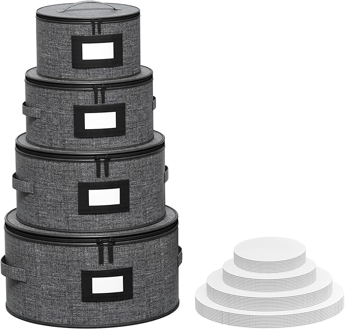 Aokeyee 4-Piece Plate Storage Set, Hard-Shell Dinnerware Organizer, Grey | With 48 Soft Felt Dividers for Saucer, Dessert, Salad and Dinner Plates, Dual Zippers, Handles, Stackable, Moving & Storage