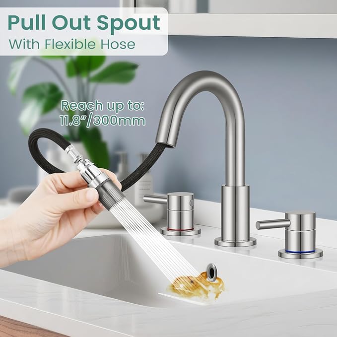 Brushed Nickel Pull Down Bathroom Faucet 3 Hole with Pop Up Drain, Bathroom Sink Faucet with Pull Down Sprayer 2 Modes, 8 inch Widespread Gold Faucet for Bathroom Sink, 2 Handle Vanity Faucet