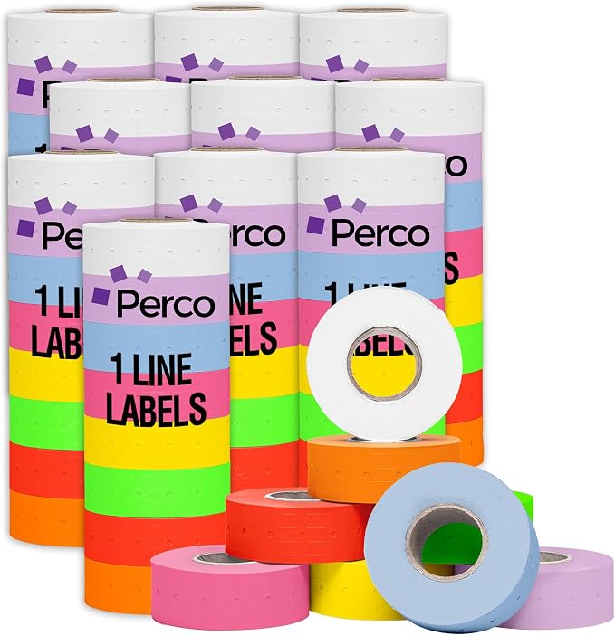 Perco 1 Line Multicolored Sleeves— 80,000 Labels for Perco Lite, X, Plus & Pro Guns—Includes White, Yellow, Blue, Lavender & Fluorescent Colors (Red Green Pink Orange)—80 Rolls, 10 Sleeves—Made in USA