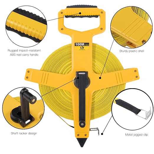 Open Reel Fiberglass Tape Measure, 330 Foot Tape Measure by 1/2-Inch, Inch/Metric Scale for Engineer,Outdoor, Athletic Field, Impact Resistant ABS Shell (330FT/100M