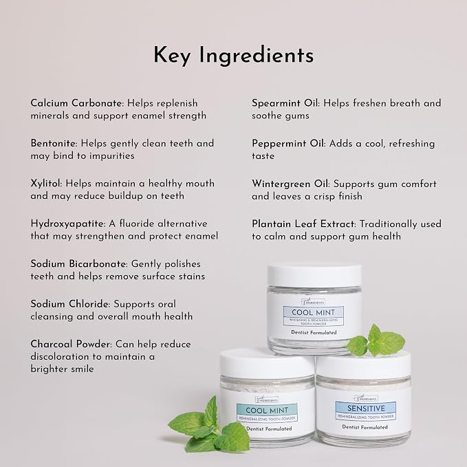 JUST INGREDIENTS Remineralizing Tooth Powder - Fluoride-Free - 1 oz | Calcium Carbonate, Bentonite Clay, Baking Soda, Vegan, Non-GMO, No SLS Or Triclosan, 900 Day Shelf Life, Stain Removal