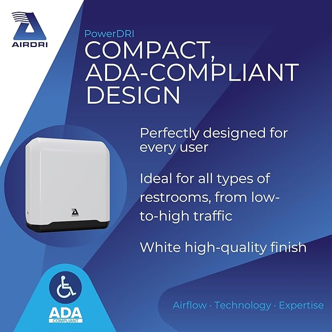 PowerDRI Automatic Hand Dryer - .8kW Low Energy Motor - 10-Second Dry Time - H13 HEPA Filter - 75dBA Noise Output - ADA Compliant - Ideal for High-Traffic Businesses and Venues - White