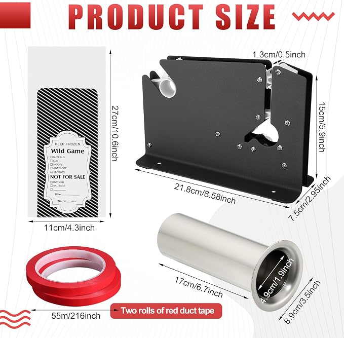 Funnymoom Meat Packaging Kit 500 Pcs Wild Game Freezer Bags, Steel Tape Sealer, 2 Rolls Sealing Tape, Stainless Steel Filling Tube for Meat Grinder Processing Supplies for Hunter Butcher(Black)