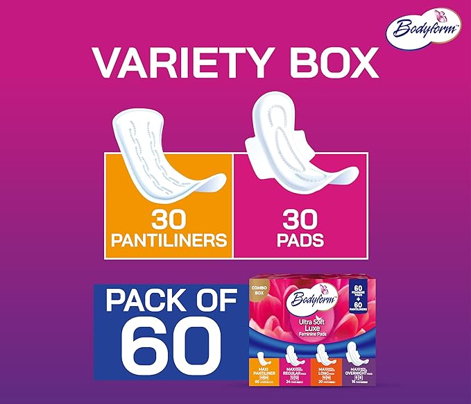 Bodyform Luxe Feminine Pads and Pantyliners Combo – 60 Count (30 Pads + 30 Liners), Ultra-Soft, Super Absorbent, Leak Protection, Daily Comfort & Freshness