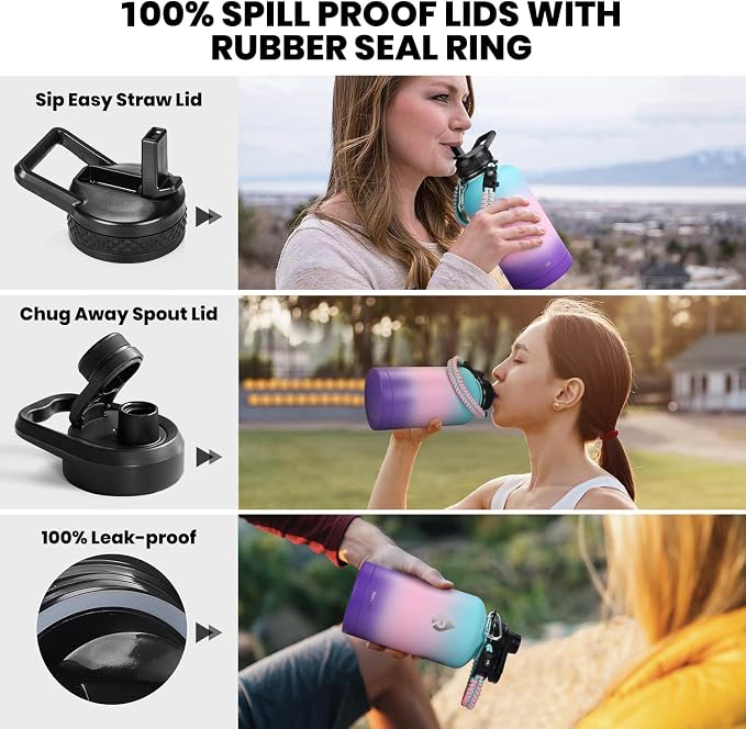 RAYMYLO Insulated Water Bottle 64 oz, Triple Wall Vacuum Stainless Steel (Cold for 48 Hrs), Leak Proof & Non-BPA, Half Gallon Water Flask Jug with Paracord Handle & Straw Spout Lids, Hydrangea