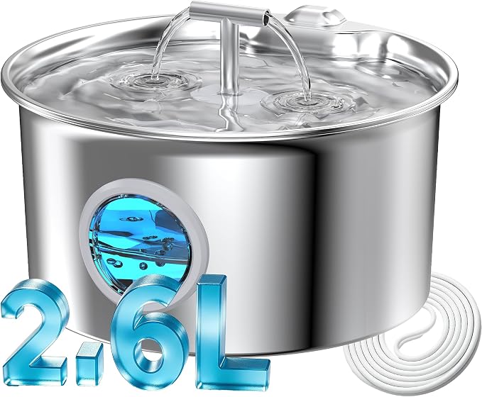 Cat Water Fountain Stainless Steel: 2.6L Cat Fountain for Drinking - Pet Water Fountain for Cats Indoor - Automatic Pet Water Dispenser Bowl - Best Auto Feeding Supplies Gift for Small Dog Large Kitty