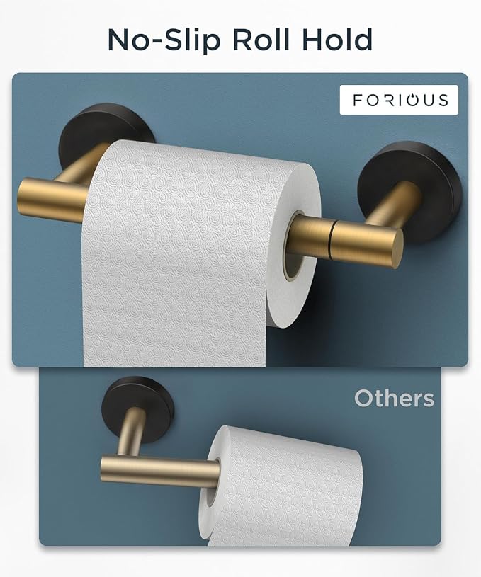 FORIOUS Toilet Paper Holder Wall Mount, Stainless Steel Rustproof Double Post Pivoting Tissue Roll Holder for Bathroom, Commercial Toilet Paper Dispenser, Brushed Gold & Matte Black