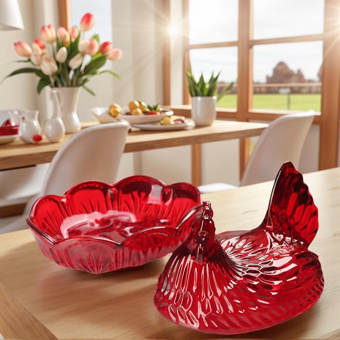 Crystal Glass Hen-Shaped Candy Server,Pastoral Style Candy Bowl with Lid,Red Tabletop Decor Dessert Plate Snack Bowl Egg Tray