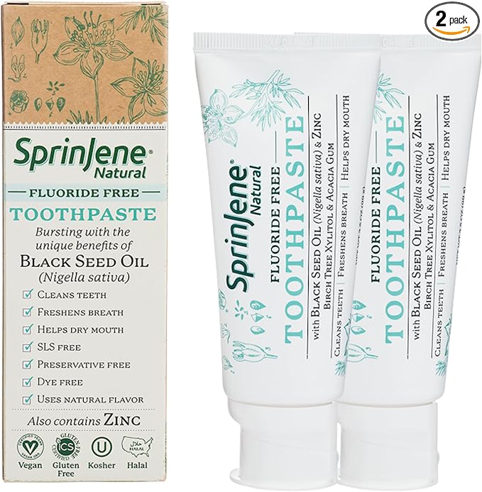 SprinJene Natural Toothpaste – Fluoride Free Clove & Mint Toothpaste for Healthy Gums & Fresh Breath – Gum Care with Patented Black Seed Oil & Zinc – Made in the USA (2 Pack)