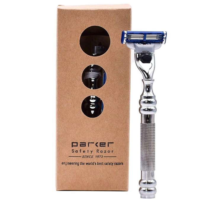 Parker 43M Mach3 Compatible Razor, Chrome All-Metal Brass Frame | All-Metal Chrome Razor With Brass Frame And Textured Grip; Accepts Gillette Mach3 Refills And Includes One Cartridge
