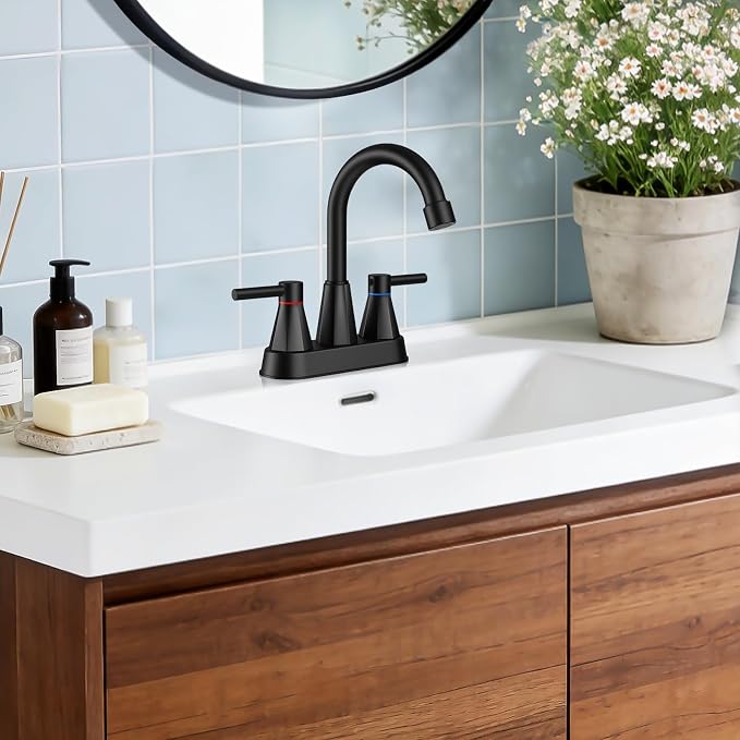 Bathroom Faucet 3 Hole Matte Black, 4 Inch Bathroom Sink Faucet Centerset with Pop Up Drain, Double Handle Vanity Faucet 3 Hole with 360° Swivel Spout, Rv Bathroom Sink Faucet