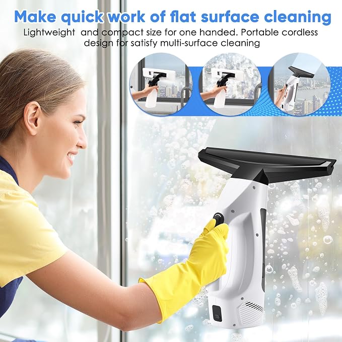 Window Vacuum Squeegee Cordless, 2000Pa Electric Rechargeable Window Cleaner with 200ml Water Tank, Cleaning Kit with Spray Bottle & Microfiber Pad for Glass, Mirror, Shower Door, Car Windshield