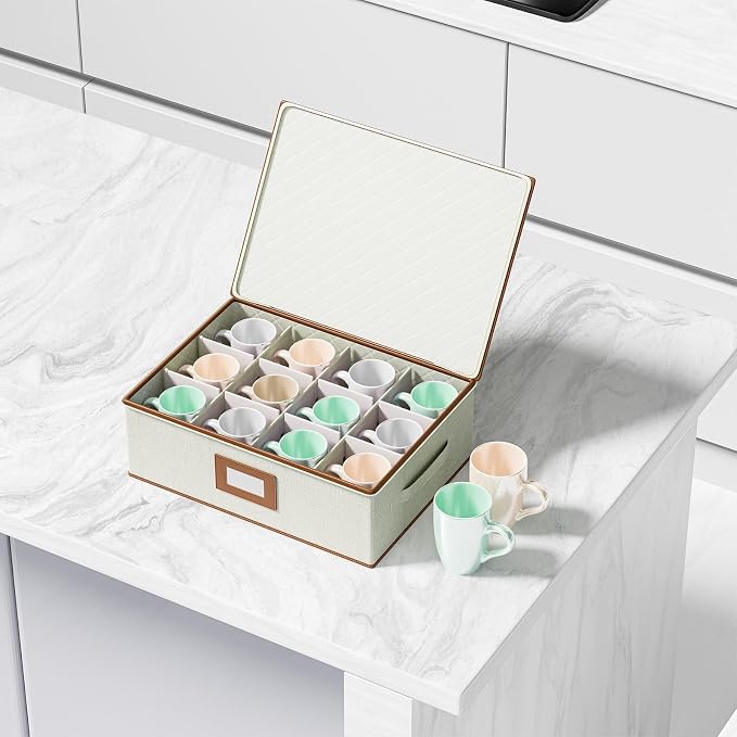 2-Pack Cup Storage Box with Dividers, Hard Shell Mug Organizer with Lid | Holds 24 Mugs, Teacups & Glasses, Quilted, Dual Zippers, Reinforced Handles, Stackable, Moving and Seasonal Storage, Ivory