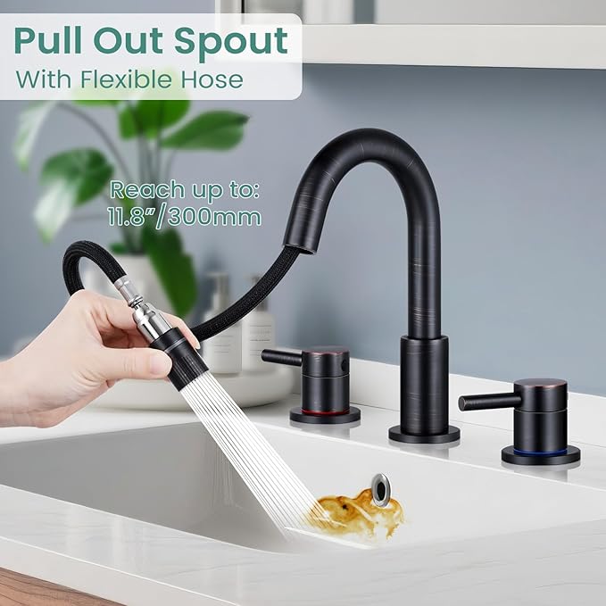 Oil Rubbed Bronze Bathroom Faucet 3 Hole with Pull Out Sprayer, Bathroom Sink Faucet with Pop Up Drain, 8 inch Widespread Faucet with 360° Swivel Spout, 2 Handle Vanity Faucet