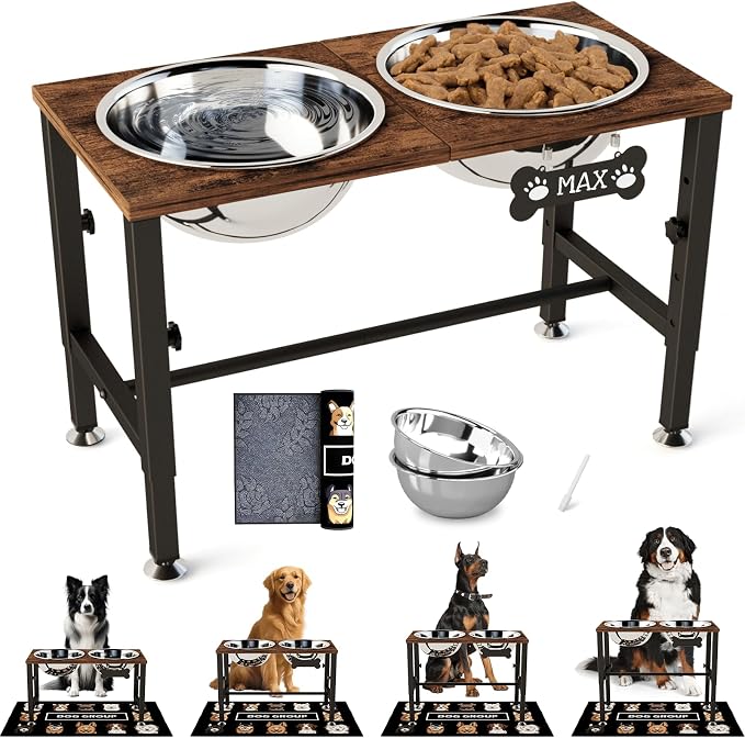 SHAINFUN Elevated Dog Bowls with Mat for Large & Extra Large Dogs, Raised Dog Bowl Stand with 2 Stainless Steel Bowls, Tall Dogs Food Water Bowl Holder