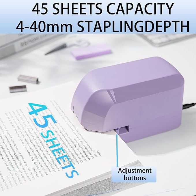 Electric Stapler for Desk, 45 Sheet Capacity Automatic Stapler Desktop, Office Staplers Electric, AC Operated Staplers Heavy Duty Office Use with 1,000 Staples & Staple Remover, Purple