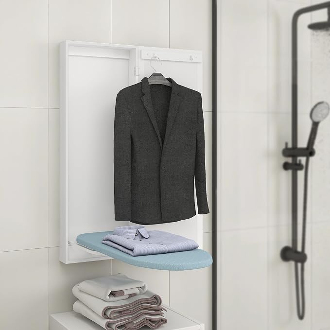 Slim White 180° Swivel Ironing Board Cabinet with Mirror Door | 3.8''W|Assembles in 15 Minutes|2 Clothes Hooks|Magnetic Door|Space‑Saving Hidden Design