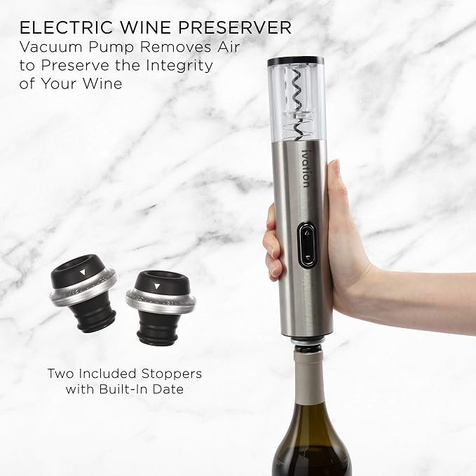 Ivation 6-in-1 Electric Wine Opener Gift Set, Preserver, Charging Base | Stainless steel bar collection for hosts - includes aerator, foil cutter, and date-stamped stoppers to keep bottles fresh