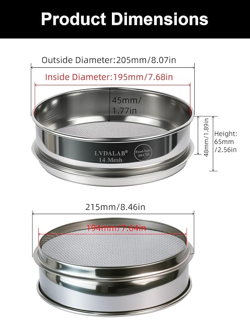 All 304 Stainless Steel 14 Mesh Test Sieve (1.43mm Aperture), 8 Inch/20cm Diameter, Lab Sifter & Sand Screen, Standard Analysis Screen for Seeds & Material Testing