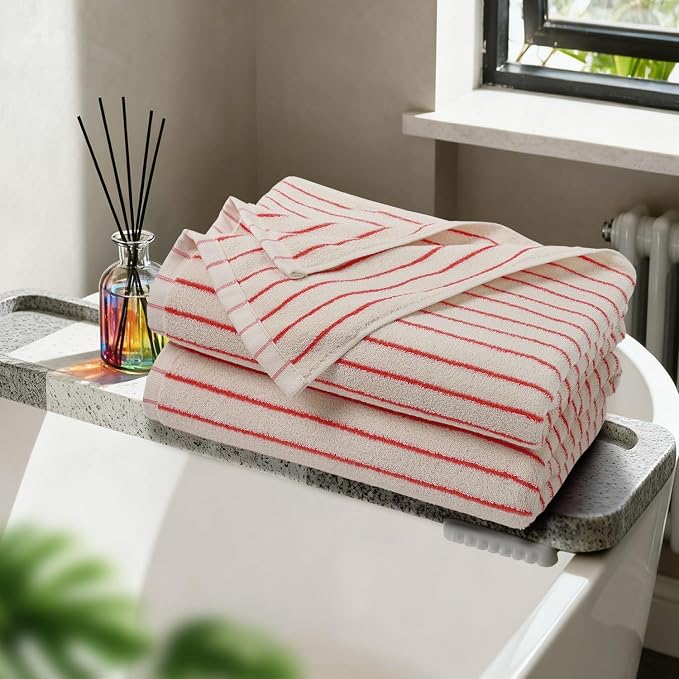 Striped Bath Towels Set of 2 (Coral Red), Lighter & Quick Dry Towels | Large 27.5 x 55 inches, Farmhouse for Bathroom Decor, Shower, Pool Days