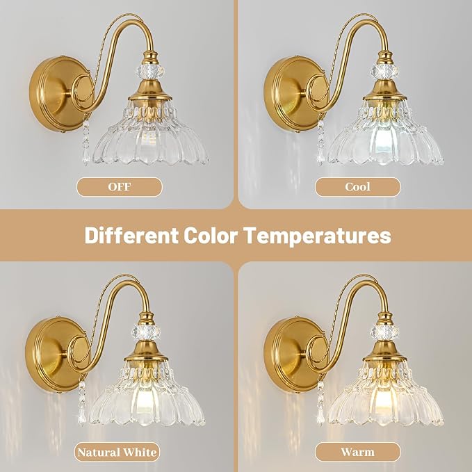 1 Piece Vintage Wall Sconce, 1-Light Brushed Gold Finish Wall Sconce with Hanging Crystal Accents and Flower-Shaped Clear Shades for Bathroom Bedroom Living Room,Vintage Vanity Light
