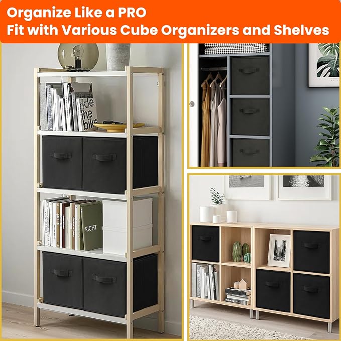 Storage Cubes, 11 Inch Clothes Storage Bins for Shelves Closet (10 Pack), Fabric Collapsible Storage Bins with Dual Handles, Cubby Storage Baskets for Magazines, Dorm Essentials (Black)