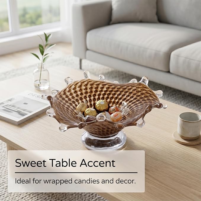 LCCCK Amber Glass Pedestal Fruit Bowl for Kitchen Counter, Hand Blown Glass Bowl Dining Table Centerpiece, Unique Candy Bowls for Office Candy Dish and Living Room Coffee Table Art Decorative