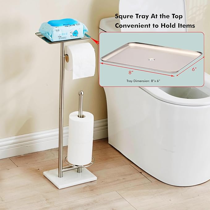 Toilet Paper Holder with Tray at The Top, Sturdy Marble Base No Wobby, Holding Extra 3 Toilet Paper Rolls As Spare Use, Freestanding No Drilling (Brushed Nickel)