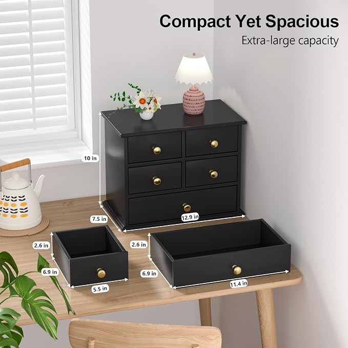 Oak Desk Organizer with Drawers, Durable Wooden Desktop Storage Box with Metal Handles & Non-Slip Silicone Pads, 5 Drawer Tabletop Organizer for Office, Bedroom, Bathroom, Vanity, and Makeup – Black
