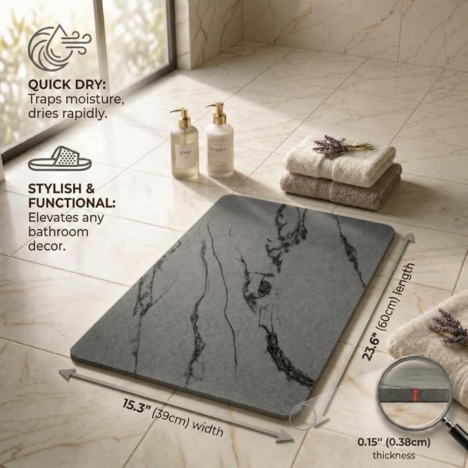 Stone Bath Mat – Diatomaceous Earth Quick Drying Non-Slip Bathroom Mat – Absorbent Diatomite Shower Mat, Durable & Easy to Clean, Modern, 23.6" x 15.3" (2 Pack Charcoal Black - Marble)
