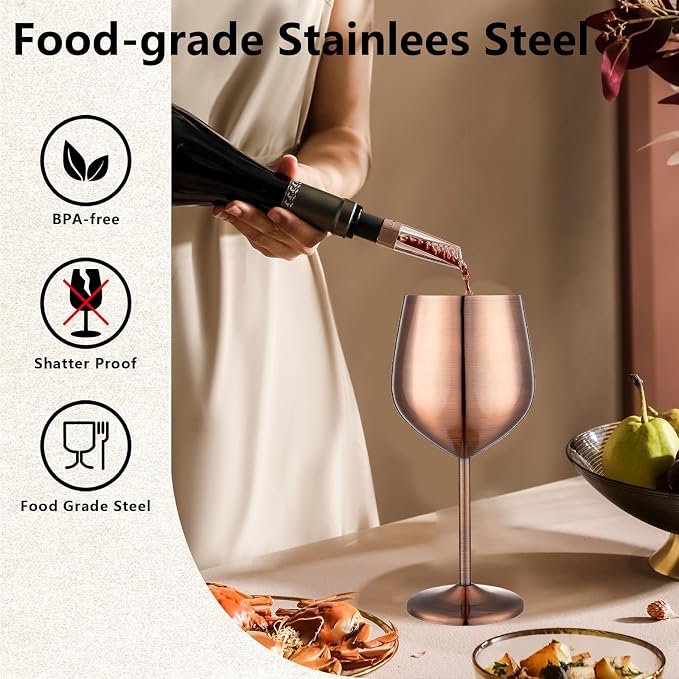UNISWEET Unbreakable Stainless Steel Wine Glasses Set of 2, Red Copper | 17oz Unique Fancy Metal Wine Goblets, Shatterproof, Ideal for Outdoor, Camping, Travel, Pool, Great Gift for Wine Lovers