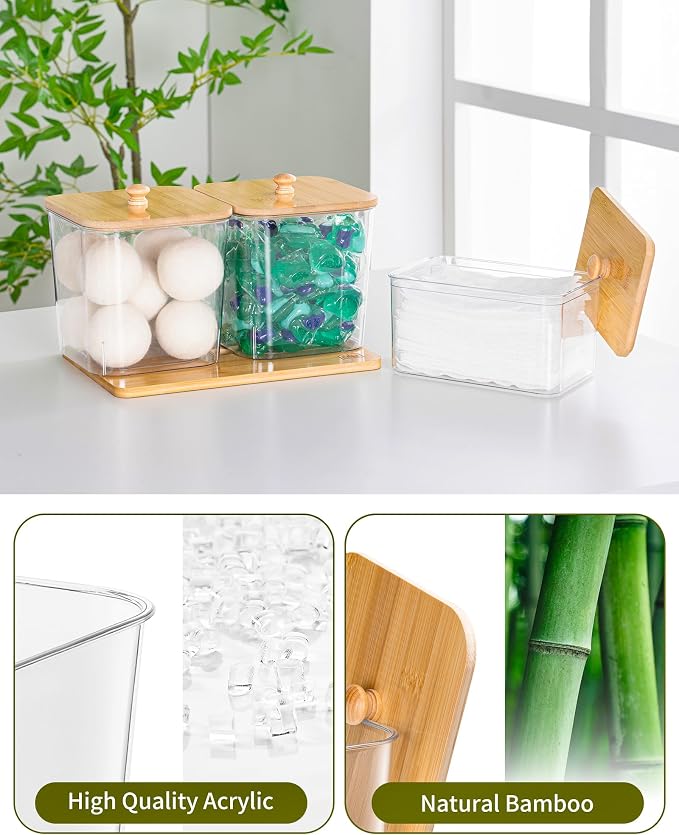 iCASA Trash Bag and Pod Dispenser - 5 in 1 Acrylic Under Sink Organizer with Bamboo Lid, Holds Garbage Bags, Dishwasher Pods, Laundry Tabs, Dryer Sheets & Balls for Kitchen, Pantry, Laundry Room