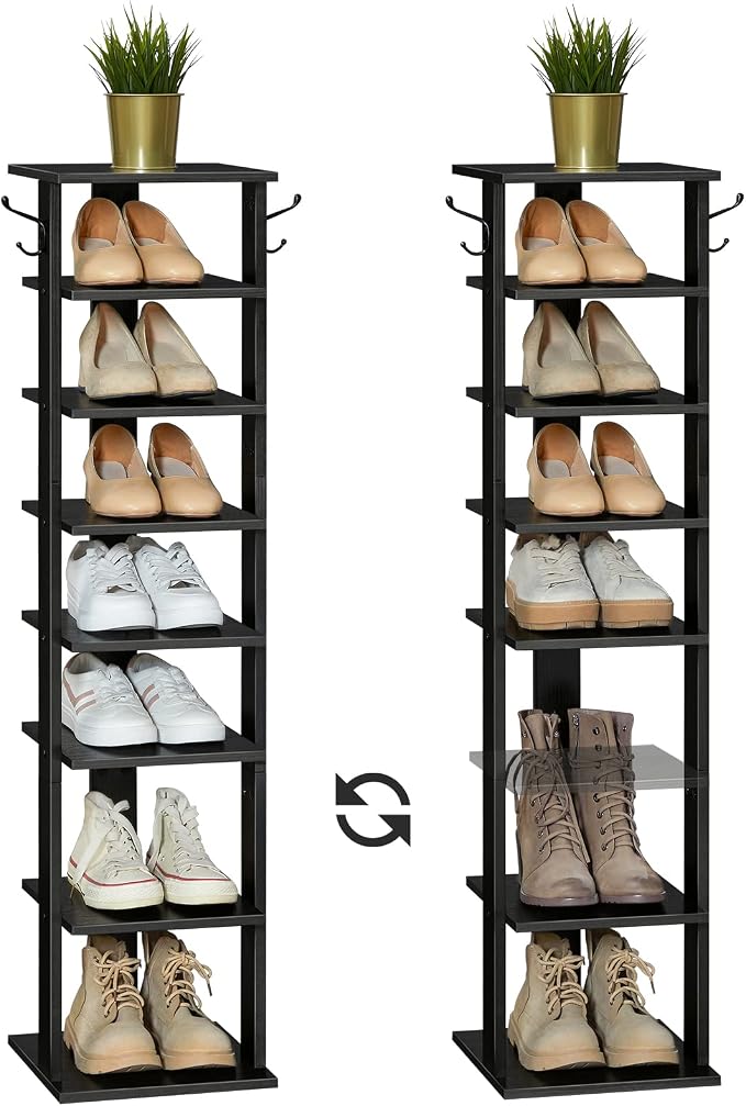 HOOBRO 8 Tiers Vertical Shoe Rack, Wooden Shoe Storage Organizer with Hooks, Narrow Shoe Tower for 8 Pairs, Space Saving, for Entryway, Living Room, Bedroom, Black BK07XJ01