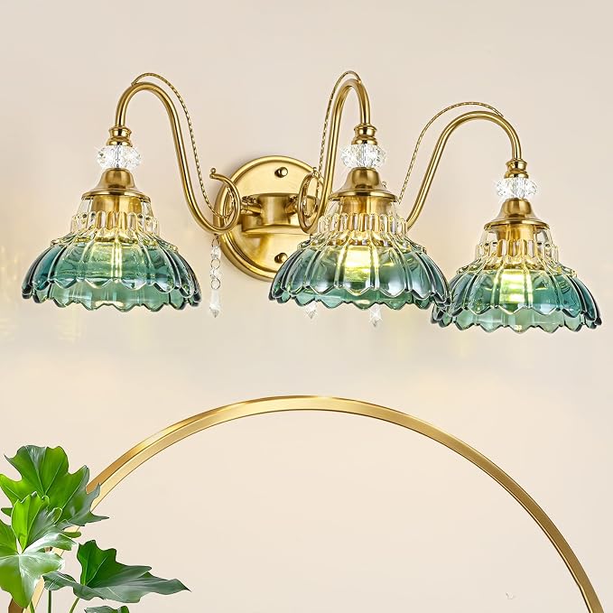 Vintage Bathroom Vanity Light, 3-Light Brushed Gold Finish Wall Sconce with Hanging Crystal Accents and Flower-Shaped Teal Glass Shades, Retro Wall Mount Vanity Light Over Mirror for Bathroom