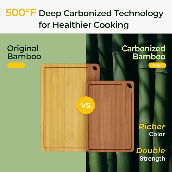 Keechee Carbonized Bamboo Cutting Board Set of 2, Wood Kitchen Boards | Deep juice grooves, built-in handles, 2 sizes for raw meat and vegetable separation, daily prep