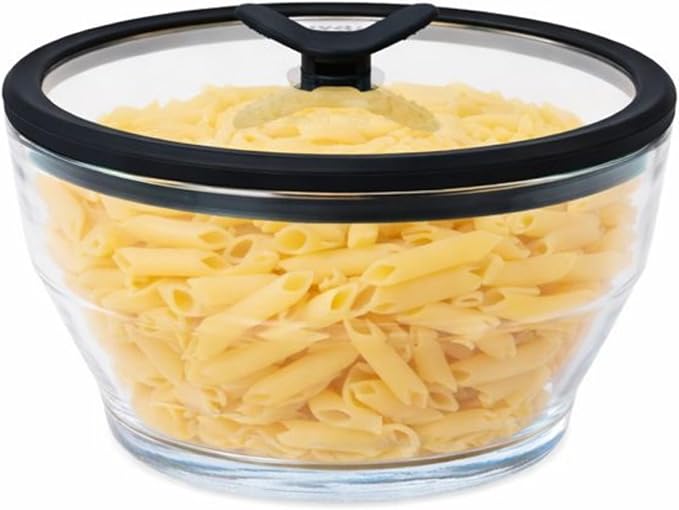 Anyday 8 Cup Glass Microwave Pasta Cooker (Clear Black Sesame) | BPA Free, Plastic Free, Spaghetti Cooker, Meal Prep, Stackable Airtight Nontoxic Storage Container, Vented Lid