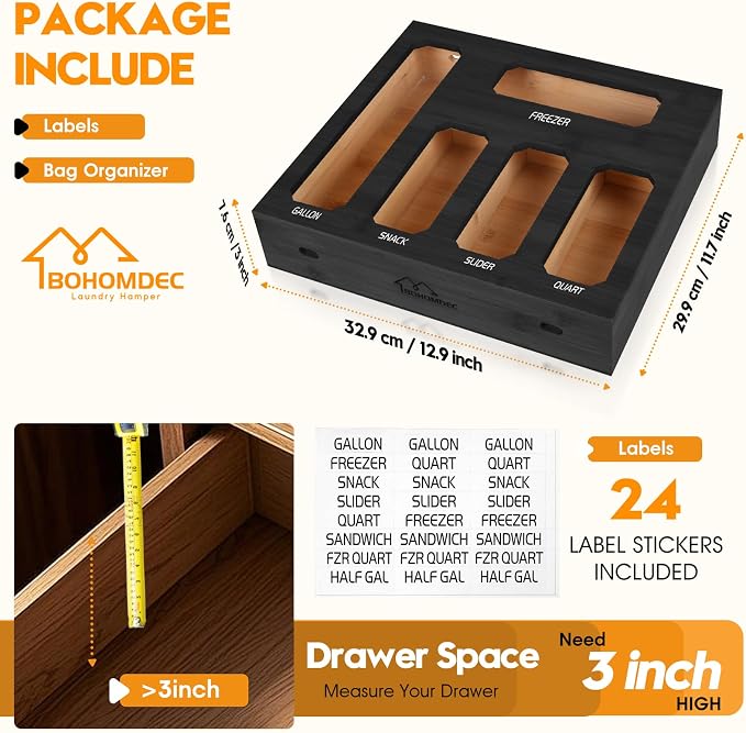 Bamboo Ziplock Bag Storage Organizer for Drawer -Black, 5 in 1 Baggie Organizer with 24 Labels - Fits Gallon, Quart, Sandwich & Snack Bags - Wall Mountable Kitchen Drawer Organizer