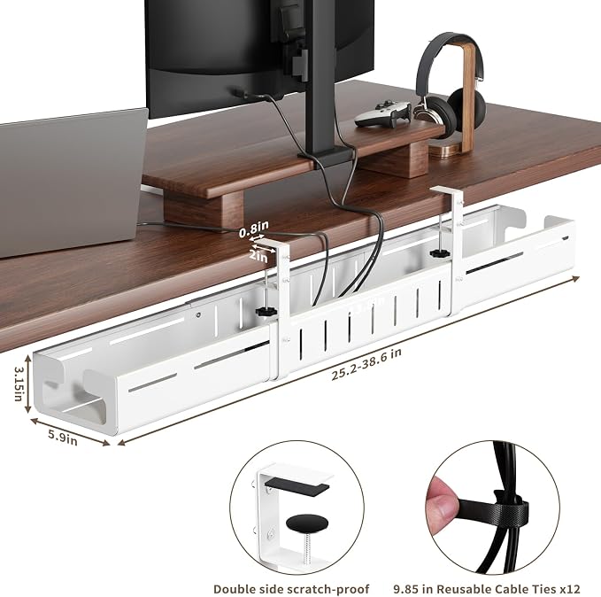 Under Desk Cable Management, Expandable 25.2"–38.6" Cable Management Under Desk No Drill, Heavy Duty Carbon Steel with Clamp, Hidden Cord Organizer for Desk, Home Office Standing Desk White